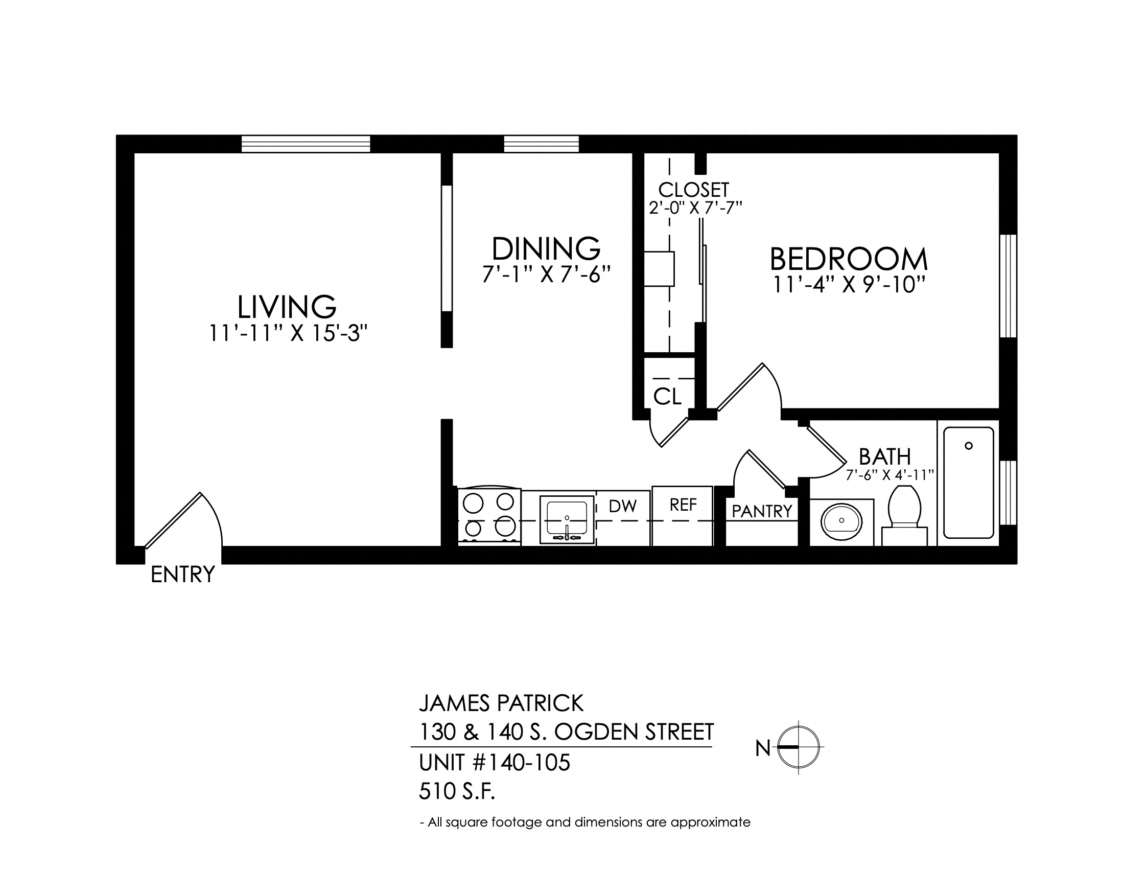 Floor plan for 1 bed, 1 bath, 625 sqft